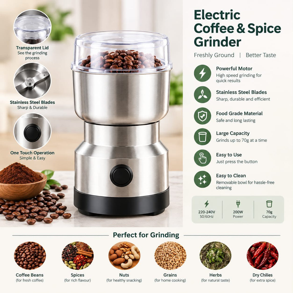 ☕ 3-in-1 Electric Coffee & Spice Grinder – Fresh Grinding Made Easy 🌶️