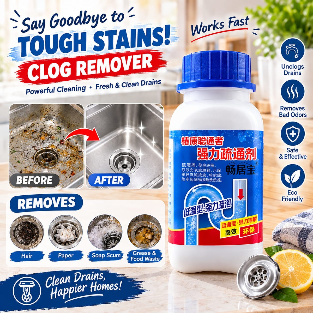 Powerful Clog Remover Powder – Fast-Acting Drain Cleaning Solution for Kitchen Sink, Bathroom, Pipes & Blocked Drains